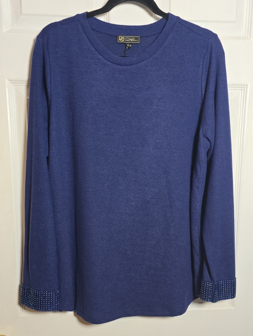 DG2 by Diane Gilman 1X Royal Blue Crewneck Sweater with Beaded Cuffs